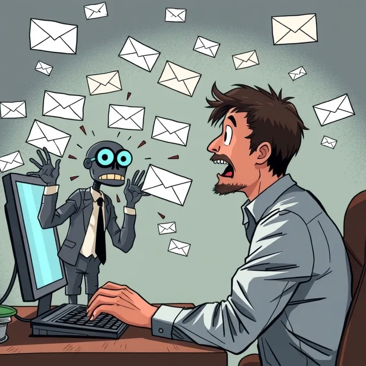 man is typing on a computer while a robot is yelling at him.